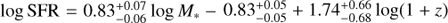 Mathematical equation: $ \log{\mathrm{SFR}} = 0.83^{+0.07}_{-0.06}\log{M_{*}} {-0.83^{+0.05}_{-0.05}} + {1.74^{+0.66}_{-0.68}} \log(1+z) $