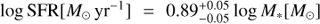 Mathematical equation: $ \log{\mathrm{SFR}}[{M_{\odot}\,\mathrm{yr}^{-1}}] = {0.89^{+0.05}_{-0.05}} \log{M_{*}}[M_{\odot}] $