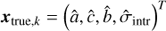 Mathematical equation: $ {\boldsymbol{x}}_{{\mathrm{true}}, {\mathrm{k}}} = \left(\hat{a}, \hat{c}, \hat {b}, {\hat{\sigma}}_{\mathrm{intr}}\right)^{T} $