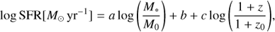 Mathematical equation: $$ \begin{aligned} \log {{\mathrm{SFR} }[{M_{\odot }\,\mathrm{yr}^{-1}}]} = a \log {\left(\frac{M_{*}}{M_{0}}\right)} +b + c\log {\left(\frac{1+z}{1+z_{0}}\right)}, \end{aligned} $$