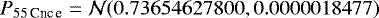 $P_{55\,\textrm{Cnc\,e}} = \mathcal{N}(0.73654627800,0.0000018477)$