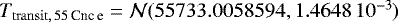 $T_{\rm{transit},\,55\,\textrm{Cnc\,e}} = \mathcal{N}(55733.0058594,1.4648\,10^{-3})$