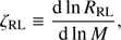 Mathematical equation: $${\zeta _{{\rm{RL}}}} \equiv {{{\rm{d}}{\mkern 1mu} {\rm{ln}}{\mkern 1mu} {R_{{\rm{RL}}}}} \over {{\rm{d}}{\mkern 1mu} {\rm{ln}}{\mkern 1mu} M}},$$