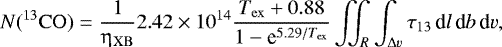Mathematical equation: \begin{equation*}N(^{13}\mathrm{CO}) = \frac{1}{\upeta_{\mathrm{XB}}} 2.42 \times 10^{14} \frac{T_{\mathrm{ex}}+0.88}{1-\textrm{e}^{5.29/{T_{\mathrm{ex}}}}} \iint_R \int_{{\mathrm\Delta} v} \tau_{13}\, \textrm{d}l \, \textrm{d}b \, \textrm{d}v , \end{equation*}