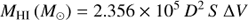 $$ \begin{aligned} M_{\mathrm{HI}}\,(M_{\odot }) = 2.356\times 10^{5}\,D^{2}\,S\,\Delta V \end{aligned} $$