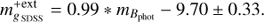 $$ \begin{aligned} m^\mathrm{+ext}_{{g}_{\,\rm{SDSS}}} = 0.99*m_{B_\mathrm{phot}} - 9.70 \pm 0.33. \end{aligned} $$