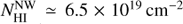 $ N_{{\rm{HI}}}^{{\rm{NW}}} \simeq 6.5 \times {10^{19}}{\rm{c}}{{\rm{m}}^{ - 2}}\ $