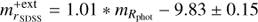 $$ \begin{aligned} m^\mathrm{+ext}_{r_{\,\rm{SDSS}}} = 1.01*m_{R_\mathrm{phot}} - 9.83 \pm 0.15 \end{aligned} $$