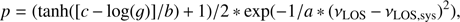 $$ \begin{aligned} p=(\tanh ([c-\log ({g})]/b)+1)/2*\exp (-1/a*(\nu _\text{ LOS}- \nu _\text{ LOS,sys})^2), \end{aligned} $$