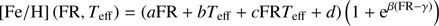 Mathematical equation: $$ \begin{aligned} {\mathrm{[Fe/H]} }\left({\mathrm{FR} }, T_{\mathrm{eff} }\right) = \left(a {\mathrm{FR} } + b{{T}_{\mathrm{eff} }} +c {\mathrm{FR} }T_{\mathrm{eff} } + d\right) \left(1 + \mathrm{e}^{\beta ({{\mathrm{FR} }} - \gamma )}\right) \end{aligned} $$