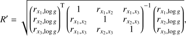 Mathematical equation: $$ \begin{aligned} R{^\prime } = \sqrt{\begin{pmatrix}r_{x_1, \log {g}}\\ r_{x_2, \log {g}}\\ r_{x_3, \log {g}}\end{pmatrix}^{\mathrm{T} } \begin{pmatrix} 1&r_{x_1,x_2}&r_{x_1,x_3}\\ r_{x_1,x_2}&1&r_{x_2,x_3}\\ r_{x_1,x_3}&r_{x_2,x_3}&1\end{pmatrix}^{-1}\begin{pmatrix}r_{x_1, \log {g}}\\ r_{x_2, \log {g}}\\ r_{x_3, \log {g}}\end{pmatrix}}, \end{aligned} $$