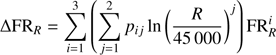 Mathematical equation: $$ \begin{aligned} \Delta {\mathrm{FR} }_R = \sum _{i=1}^3 \left(\sum _{j=1}^2 p_{ij} \ln {\left(\frac{R}{45\,000}\right)^j} \right) {\mathrm{FR} }_R ^{i} \end{aligned} $$