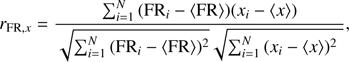 Mathematical equation: $$ \begin{aligned} r_{{\mathrm{FR} },x} = \frac{\sum _{i=1}^{N}{({\mathrm{FR} }_i - \langle {\mathrm{FR} }\rangle )(x_i - \langle x\rangle )}}{\sqrt{\sum _{i=1}^{N}{({\mathrm{FR} }_i - \langle {\mathrm{FR} }\rangle )^2}}\sqrt{\sum _{i=1}^{N}{(x_i - \langle x\rangle )^2}}}, \end{aligned} $$