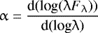 Mathematical equation: \begin{equation*} \upalpha=\frac{\textrm{d(log}(\uplambda F_{\uplambda}))}{\textrm{d(log} \uplambda)} \end{equation*}