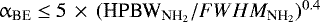 Mathematical equation: $\upalpha_{\textrm{BE}}\leq 5\,\times\,(\textrm{HPBW}_{\textrm{NH}_2}/FWHM_{\textrm{NH}_2})^{0.4}$
