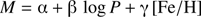 $$ M=\alpha+\beta\log P+\gamma{\lbrack\text{Fe/H}\rbrack} $$