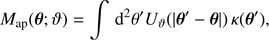 $$ \begin{aligned} M_\mathrm{ap} (\boldsymbol{\theta };\vartheta ) = \int \,\mathrm{d} ^2\theta ^{\prime } U_\vartheta (|\boldsymbol{\theta }^{\prime }-\boldsymbol{\theta }|)\,\kappa (\boldsymbol{\theta }^{\prime }), \end{aligned} $$