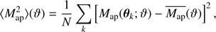 $$ \begin{aligned} \langle M^2_\mathrm{ap} \rangle (\vartheta ) = \frac{1}{N}\sum _k \left[M_\mathrm{ap} (\boldsymbol{\theta }_k;\vartheta ) - {\overline{M_\mathrm{ap} }(\vartheta )}\right]^2, \end{aligned} $$
