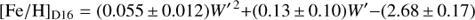 $${[{\rm{Fe/H}}]_{{\rm{D16}}}} = (0.055 \pm 0.012){W^{\prime {\mkern 1mu} 2}} + (0.13 \pm 0.10){W^\prime } - (2.68 \pm 0.17)$$