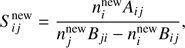 Mathematical equation: $$ \begin{aligned} S_{ij}^\mathrm{{new}} = \frac{n_i^\mathrm{{new}} A_{ij}}{n_j^\mathrm{{new}} B_{ji} - n_i^\mathrm{{new}} B_{ij}}, \end{aligned} $$