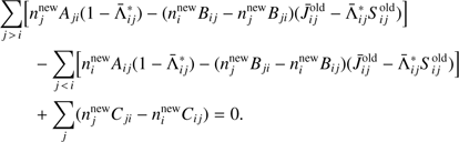 Mathematical equation: $$ \begin{aligned}&\sum _{j\,>\,i}\Bigl [n_j^\mathrm{{new}}A_{ji}(1-\bar{\Lambda }_{ij}^{*} ) - (n_i^\mathrm{{new}}B_{ij} - n_j^\mathrm{{new}}B_{ji})(\bar{J}_{{ij}}^\mathrm{{old}} - \bar{\Lambda }_{ij}^{*}S_{ij}^\mathrm{{old}})\Bigr ]\\&\qquad - \sum _{j\,<\,i}\Bigl [n_i^\mathrm{{new}}A_{ij}(1-\bar{\Lambda }_{ij}^{*} ) - (n_j^\mathrm{{new}}B_{ji} - n_i^\mathrm{{new}}B_{ij})(\bar{J}_{{ij}}^\mathrm{{old}} - \bar{\Lambda }_{ij}^{*}S_{ij}^\mathrm{{old}})\Bigr ]\\&\qquad + \sum _{j} (n_j^\mathrm{{new}}C_{ji} - n_i^\mathrm{{new}}C_{ij}) = 0. \end{aligned} $$