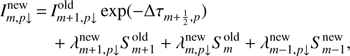 Mathematical equation: $$ \begin{aligned} I^\mathrm{new}_{m, p\downarrow }\,{=}\,&I^\mathrm{old}_{m+1,p\downarrow }\exp (-\Delta \tau _{m+\frac{1}{2},p})\\&+ \lambda ^\mathrm{new}_{m+1, p\downarrow }S^\mathrm{old}_{m+1} + \lambda ^\mathrm{new}_{m,p\downarrow }S^\mathrm{old}_m + \lambda ^\mathrm{new}_{m-1,p\downarrow }S^\mathrm{new}_{m-1}, \end{aligned} $$