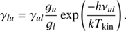 Mathematical equation: $$ \begin{aligned} \gamma _{lu} = \gamma _{ul}\frac{{g}_u}{{g}_l}\exp \left(\frac{-h\nu _{ul}}{kT_{\rm kin}} \right). \end{aligned} $$