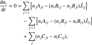 Mathematical equation: $$ \begin{aligned} \frac{\mathrm{d}n_i}{\mathrm{d}t} = 0 =&\sum _{j\,>\,i}\left[n_jA_{ji} - (n_iB_{ij} - n_jB_{ji}) \bar{J}_{ij}\right]\\&\, - \sum _{j\,<\,i}\left[n_iA_{ij} - (n_jB_{ji} - n_iB_{ij})\bar{J}_{ij}\right]\\&\, + \sum _{j} (n_jC_{ji} - n_iC_{ij}), \end{aligned} $$