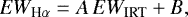 Mathematical equation: \begin{equation*}EW_{\textrm{H}\alpha}=A\,EW_{\textrm{IRT}}+B, \end{equation*}
