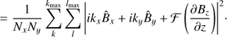 Mathematical equation: $$ \begin{aligned}&= \frac{1}{N_x N_y} \sum _k^{k_{\rm max}} \sum _l^{l_{\rm max}} {\left| i k_x \hat{B}_x + i k_y \hat{B}_y + \mathcal{F} \left( \frac{\partial B_z}{\partial z} \right) \right| ^2}\cdot \end{aligned} $$