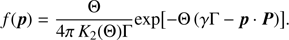 $$ \begin{aligned} f({\boldsymbol{p}}) = \frac{\Theta }{4\pi \,K_2(\Theta )\Gamma } {\text{ exp}} {\left[-\Theta \left(\gamma \Gamma -{\boldsymbol{p}} \cdot {\boldsymbol{P}}\right)\right]}. \end{aligned} $$