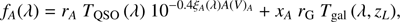 $$ \begin{aligned} f_A(\lambda ) = r_A \ T_{\rm QSO}\,(\lambda ) \ 10^{-0.4{\xi }_A(\lambda )A(V)_A} + x_A \ r_{\rm G} \ T_{\rm gal}\,(\lambda , z_L), \end{aligned} $$