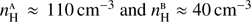 $ n_{\rm{H}}^{\rm{A}} \approx 110\,{\rm{c}}{{\rm{m}}^{ - 3}}\,{\rm{and}}\,n_{\rm{H}}^{\rm{B}} \approx 40\,{\rm{c}}{{\rm{m}}^{ - 3}}\ $