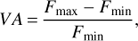 Mathematical equation: $$ \begin{aligned} VA\,{=}\,\frac{F_\mathrm{max}-F_\mathrm{min}}{F_\mathrm{min}}, \end{aligned} $$