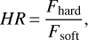 Mathematical equation: $$ \begin{aligned} HR\,{=}\,\frac{F_\mathrm{hard} }{F_\mathrm{soft}}, \end{aligned} $$