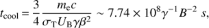 Mathematical equation: $$ \begin{aligned} t_\mathrm{cool}\,{=}\,\frac{3}{4}\frac{m_\mathrm{e}c}{\sigma _\mathrm{T}U_\mathrm{B}\gamma \beta ^{2}} \sim 7.74\times 10^{8}\gamma ^{-1} B^{-2} \ s , \end{aligned} $$