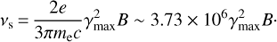 Mathematical equation: $$ \begin{aligned} \nu _\mathrm{s}\,{=}\,\frac{2e}{3\pi m_\mathrm{e}c}\gamma _\mathrm{max} ^{2}B \sim 3.73 \times 10^{6} \gamma _\mathrm{max} ^{2}B\cdot \end{aligned} $$