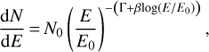Mathematical equation: $$ \begin{aligned} \frac{{\mathrm{d}}N}{{\mathrm{d}}E}\,{=}\,N_{0}\left( \frac{E}{E_{0}} \right)^{-\left({\Gamma +\beta \mathrm{log}\left(E/E_{0} \right)} \right)}, \end{aligned} $$