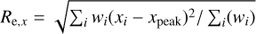 $ R_{\mathrm{e},x}=\sqrt{\sum _{i}{w}_i(x_{i}-x_{\mathrm{peak}})^2/\sum_i({w}_i) } $