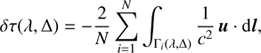 $$ \begin{aligned} \delta \tau (\lambda , \Delta ) = -\frac{2}{N} \sum _{i=1}^{N} \int _{\Gamma _i (\lambda , \Delta )} \frac{1}{c^2} \, \boldsymbol{u}\cdot \mathrm{d} \boldsymbol{l}, \end{aligned} $$