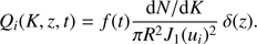 $$ \begin{aligned} Q_i(K,z,t)=f(t) \frac{\mathrm{d}N/\mathrm{d}K}{\pi R^{2}{J_{1}}(u_i)^{2}} \,\delta (z). \end{aligned} $$