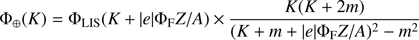 $$ \begin{aligned} \Phi _{\oplus } (K)= \Phi _{\rm LIS} (K + |e| \Phi _{\rm F} Z/A) \times \frac{K(K+2m)}{(K+m+|e|\Phi _{\rm F} Z/A)^2 - m^2} \end{aligned} $$
