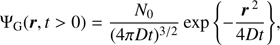 $$ \begin{aligned} \Psi _{\rm G}({\boldsymbol{r}},t>0) = \frac{N_0}{(4\pi D t)^{3/2}} \exp {\left\{ -\frac{{\boldsymbol{r}}\,^2}{4Dt}\right\} }, \end{aligned} $$