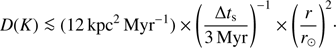 $$ \begin{aligned} D(K) (12 \,\mathrm{kpc} ^2\,\mathrm{Myr} ^{-1}) \times \left(\frac{\Delta t_\mathrm{s} }{3\,\mathrm{Myr} }\right)^{-1} \times {\left(\frac{r}{r_\odot }\right)^2}\cdot \end{aligned} $$