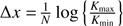 $ \Delta{x}=\frac{1}{N} \log \left\{ \frac{K_{\max}}{K_{\min}}\right\} $