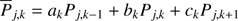 $$ \begin{aligned} \overline{P}_{j,k} = a_k P_{j,k-1} + b_k P_{j,k} + c_k P_{j,k+1} \end{aligned} $$