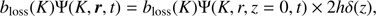 $$ \begin{aligned} b_{\mathrm{loss} }(K)\Psi (K,{\boldsymbol{r}},t) = b_{\mathrm{loss} }(K)\Psi (K,r,z=0,t)\times 2h\delta (z), \end{aligned} $$