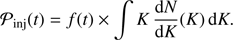 $$ \begin{aligned} \mathcal{P}_{\mathrm{inj}}(t) = f(t)\times \int K\,\frac{\mathrm{d}N}{\mathrm{d}K}(K)\,\mathrm{d}K. \end{aligned} $$