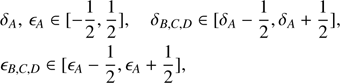 $$ \begin{aligned}&\delta _A,\,\epsilon _A \in [-\frac{1}{2}, \frac{1}{2}], \quad \delta _{B,C,D} \in [\delta _A - \frac{1}{2}, \delta _A + \frac{1}{2}], \nonumber \\&\epsilon _{B,C,D} \in [\epsilon _A - \frac{1}{2}, \epsilon _A + \frac{1}{2}], \end{aligned} $$