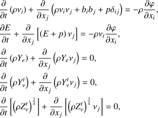$$ \begin{aligned}&\frac{\partial }{\partial t}\left(\rho \nu _{i}\right)+\frac{\partial }{\partial x_{j}}\left(\rho \nu _{i}\nu _{j}+b_{i}b_{j}+p\delta _{ij}\right) = -\rho \frac{\partial \varphi }{\partial x_{i}},\nonumber \\&\frac{\partial E}{\partial t}+\frac{\partial }{\partial x_{j}}\left[\left(E+p\right)\nu _{j}\right] = -\rho \nu _{i}\frac{\partial \varphi }{\partial x_{i}},\nonumber \\&\frac{\partial }{\partial t}\left(\rho Y_{e}\right)+\frac{\partial }{\partial x_{j}}\left(\rho Y_{e}\nu _{j}\right) = 0,\nonumber \\&\frac{\partial }{\partial t}\left(\rho Y_{\nu }^{t}\right)+\frac{\partial }{\partial x_{j}}\left(\rho Y_{\nu }^{t}\nu _{j}\right) = 0, \\&\frac{\partial }{\partial t}\left[\left(\rho Z_{\nu }^{t}\right)^{\frac{3}{4}}\right]+\frac{\partial }{\partial x_{j}}\left[\left(\rho Z_{\nu }^{t}\right)^{\frac{3}{4}}\nu _{j}\right] = 0, \nonumber \end{aligned} $$